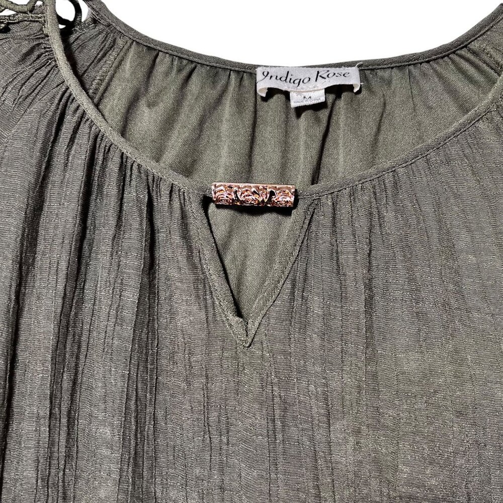 Indigo Rose Olive Green Bell Sleeve Boho Dress Lined Cutout Crochet Sleeves - Picture 3 of 14